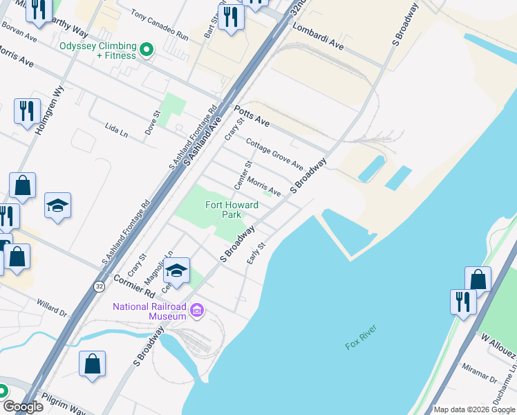 map of restaurants, bars, coffee shops, grocery stores, and more near 465 Dutton Avenue in Green Bay