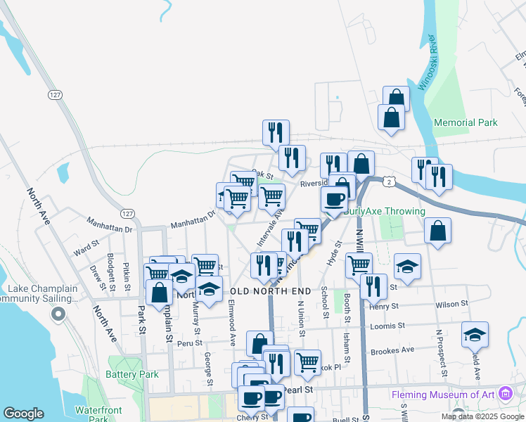 map of restaurants, bars, coffee shops, grocery stores, and more near 26 Saint Louis Street in Burlington