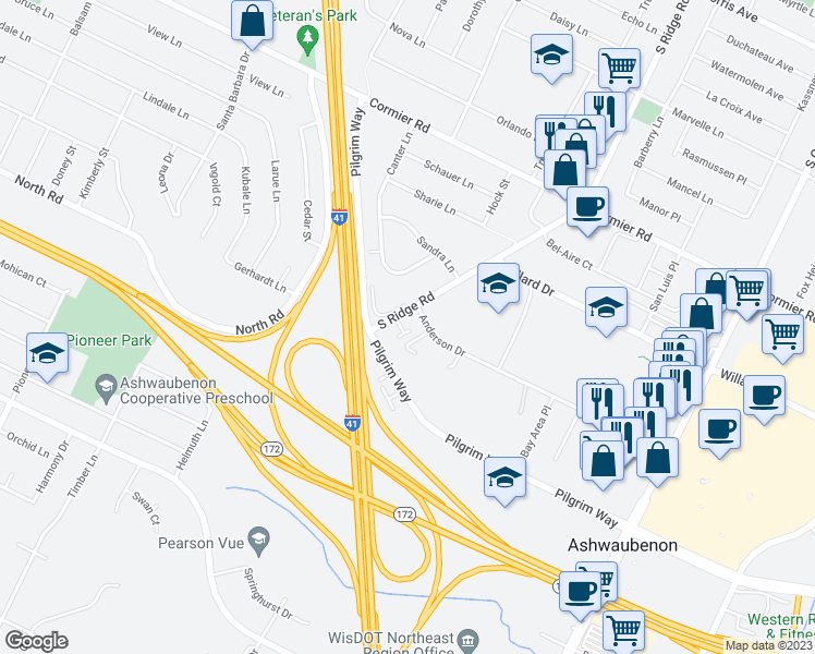 map of restaurants, bars, coffee shops, grocery stores, and more near 2439 South Ridge Road in Green Bay