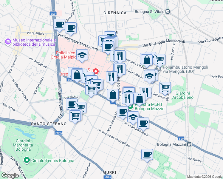 map of restaurants, bars, coffee shops, grocery stores, and more near 9-25 Via Filippo Argelati in Bologna