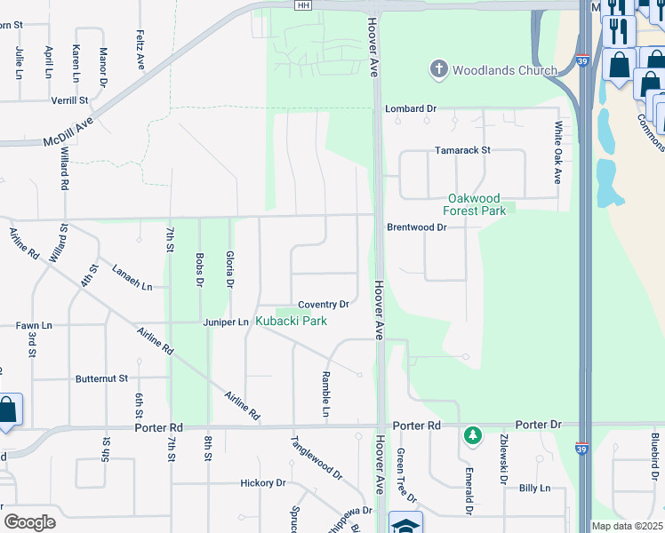 map of restaurants, bars, coffee shops, grocery stores, and more near 2120 Buckingham Drive in Plover