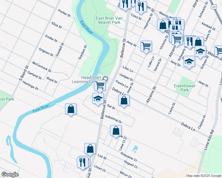 map of restaurants, bars, coffee shops, grocery stores, and more near 1211 Bellevue Street in Green Bay