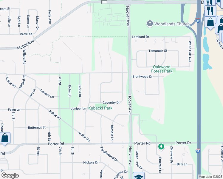 map of restaurants, bars, coffee shops, grocery stores, and more near 2120 Buckingham Drive in Plover