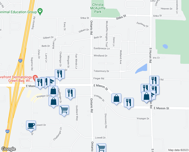 map of restaurants, bars, coffee shops, grocery stores, and more near 3111 Finger Road in Green Bay
