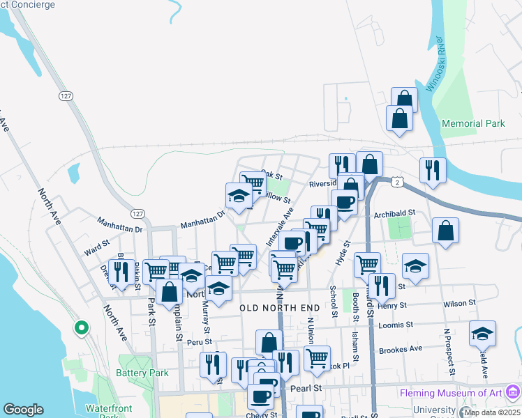 map of restaurants, bars, coffee shops, grocery stores, and more near 26 Saint Louis Street in Burlington