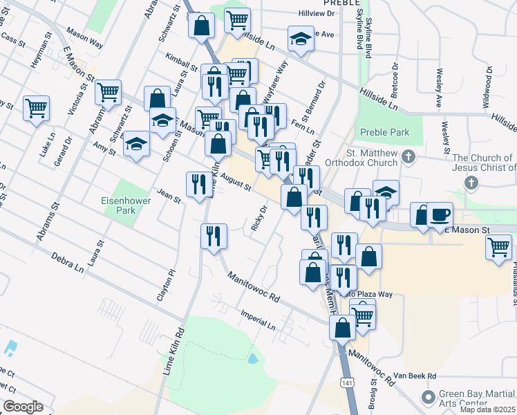 map of restaurants, bars, coffee shops, grocery stores, and more near 817 Ricky Drive in Green Bay
