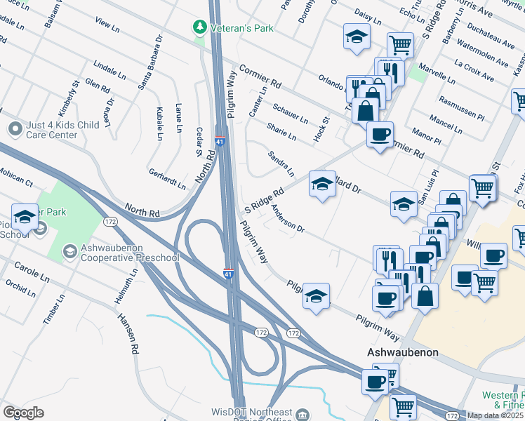 map of restaurants, bars, coffee shops, grocery stores, and more near 1111 Anderson Drive in Green Bay