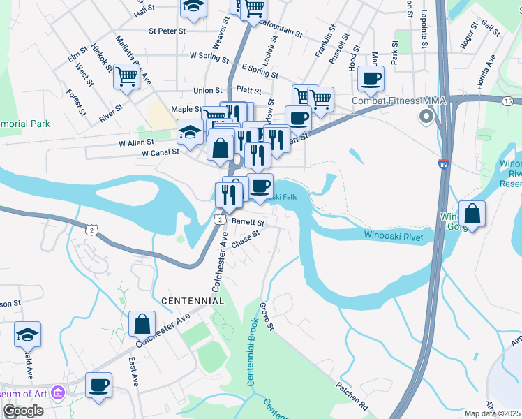 map of restaurants, bars, coffee shops, grocery stores, and more near 1 Mill Street in Burlington