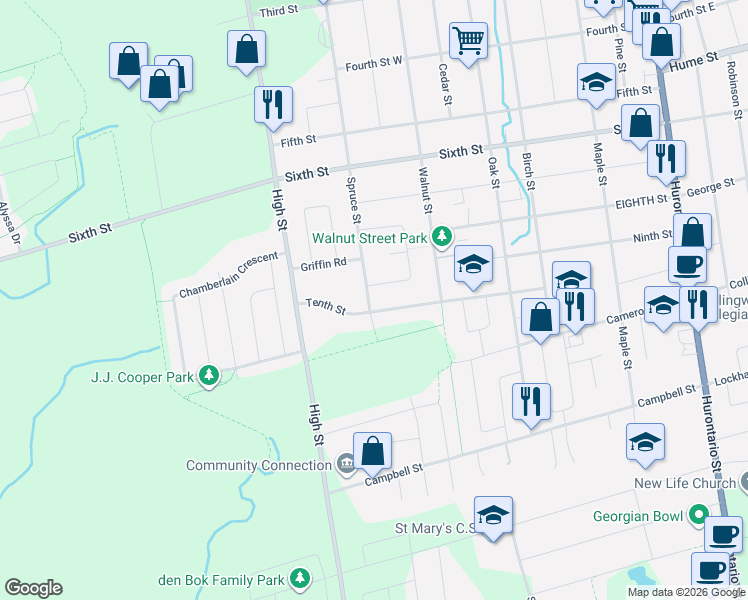 map of restaurants, bars, coffee shops, grocery stores, and more near 555 Spruce Street in Collingwood