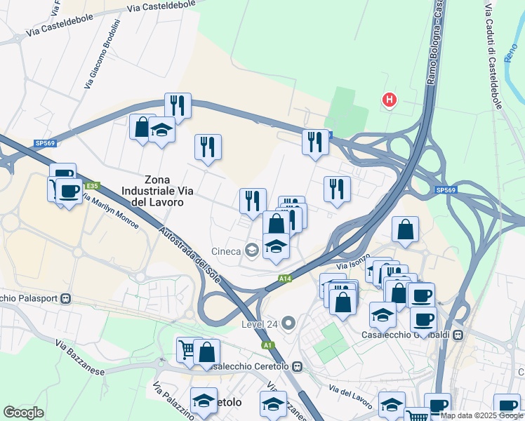 map of restaurants, bars, coffee shops, grocery stores, and more near 1 Via Giuseppe Parini in Zona Industriale Via del Lavoro