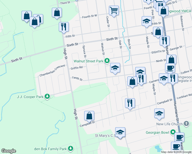 map of restaurants, bars, coffee shops, grocery stores, and more near 514 Tenth Street in Collingwood