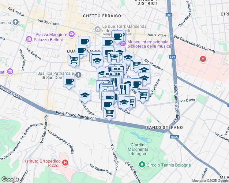 map of restaurants, bars, coffee shops, grocery stores, and more near 21 Via Rialto in Bologna