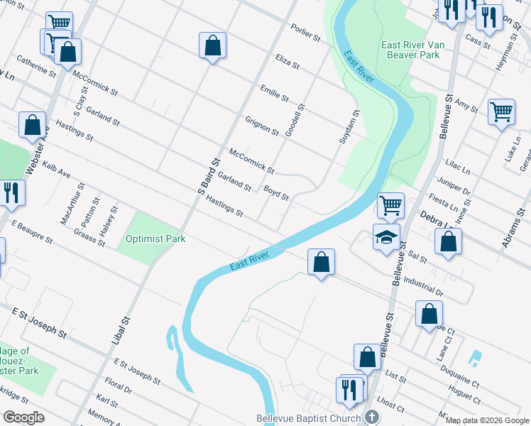 map of restaurants, bars, coffee shops, grocery stores, and more near 1416 Clark Street in Green Bay