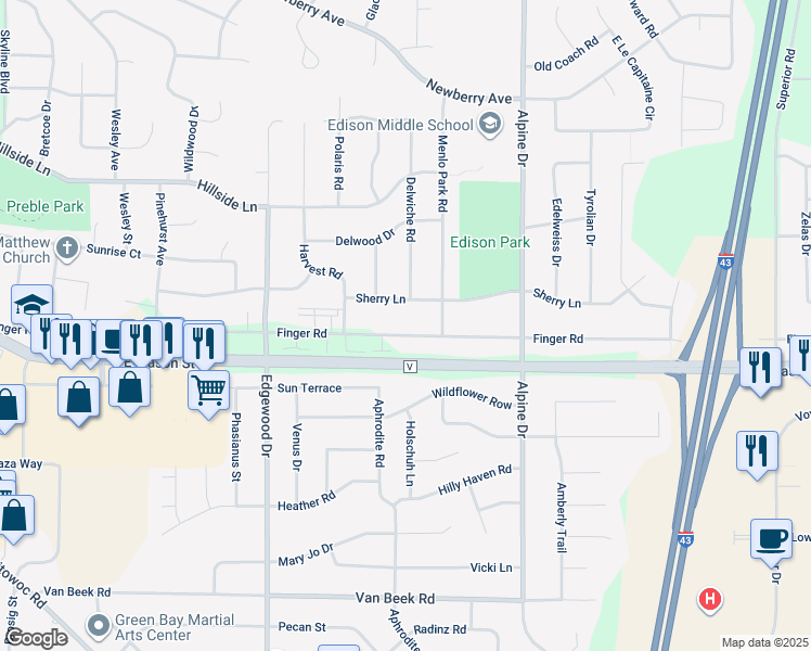 map of restaurants, bars, coffee shops, grocery stores, and more near 2607 Finger Road in Green Bay