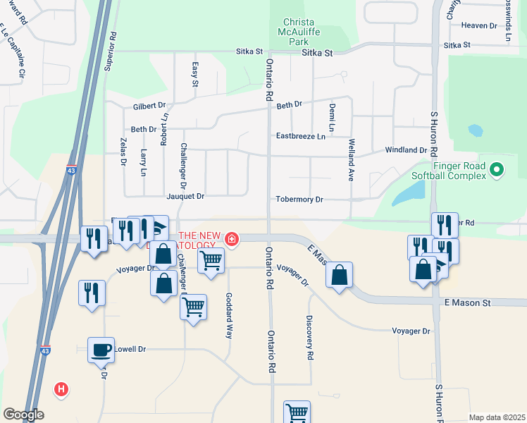 map of restaurants, bars, coffee shops, grocery stores, and more near 656 Ontario Road in Green Bay