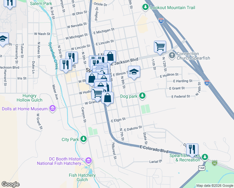 map of restaurants, bars, coffee shops, grocery stores, and more near 514 North 7th Street in Spearfish
