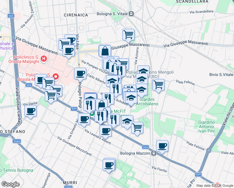 map of restaurants, bars, coffee shops, grocery stores, and more near 19 Via Pietro Mengoli in Bologna