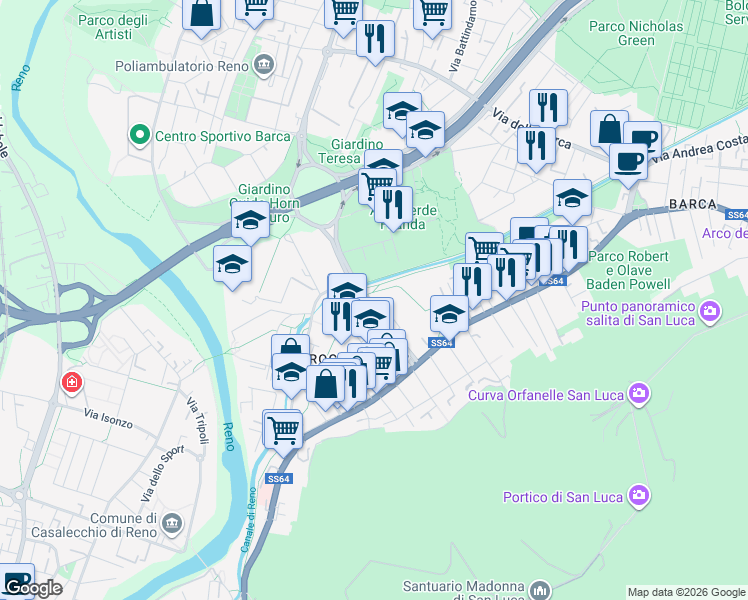 map of restaurants, bars, coffee shops, grocery stores, and more near 31 Via Caravaggio in Casalecchio di Reno