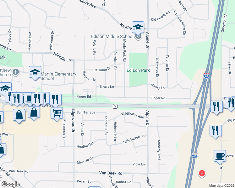 map of restaurants, bars, coffee shops, grocery stores, and more near 2615 Finger Road in Green Bay