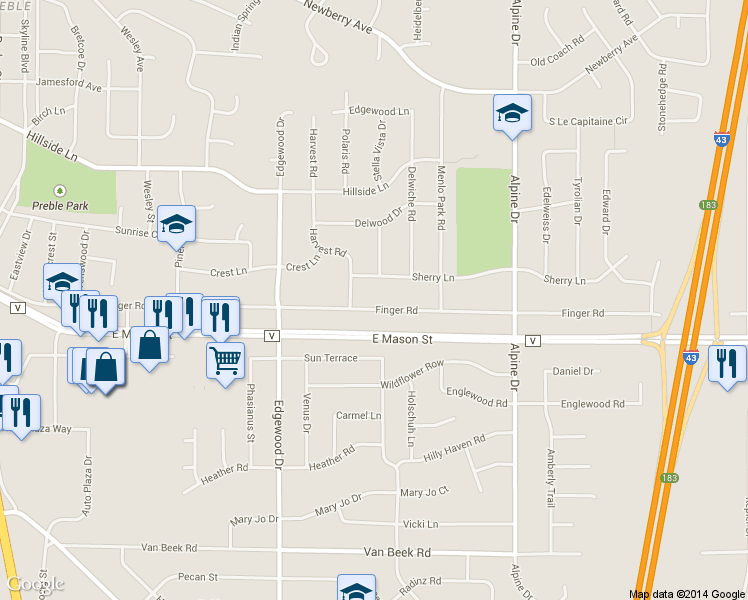 map of restaurants, bars, coffee shops, grocery stores, and more near 2577 Finger Road in Green Bay