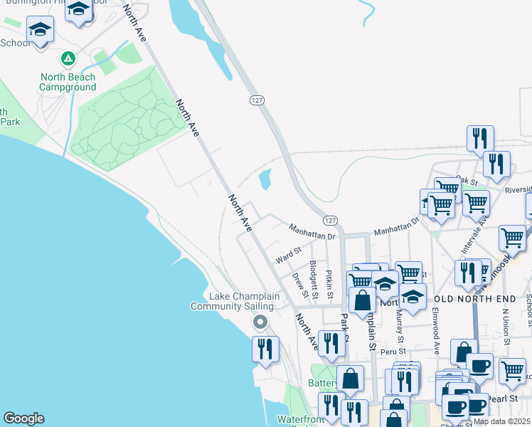 map of restaurants, bars, coffee shops, grocery stores, and more near 32 Washington Street in Burlington