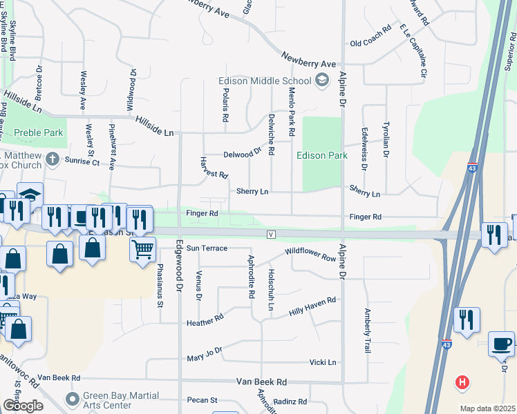 map of restaurants, bars, coffee shops, grocery stores, and more near 2607 Finger Road in Green Bay