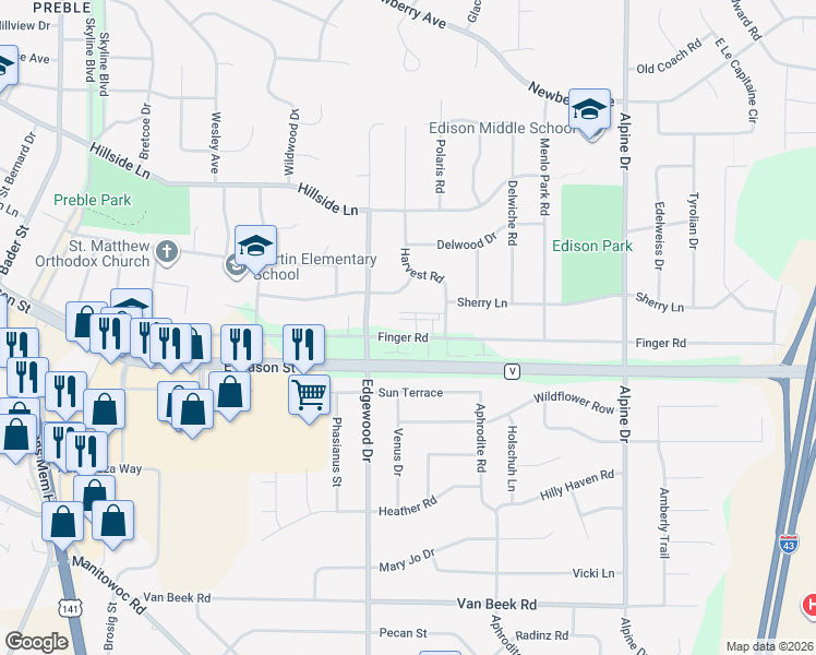 map of restaurants, bars, coffee shops, grocery stores, and more near 2529 Finger Road in Green Bay