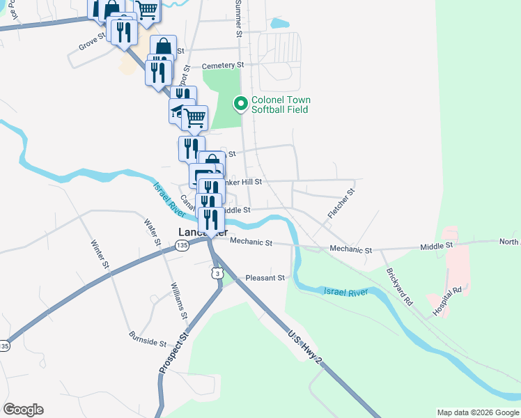 map of restaurants, bars, coffee shops, grocery stores, and more near 47 Middle Street in Lancaster