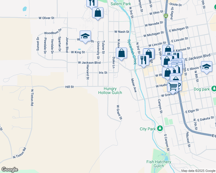 map of restaurants, bars, coffee shops, grocery stores, and more near 701 Hill Street in Spearfish