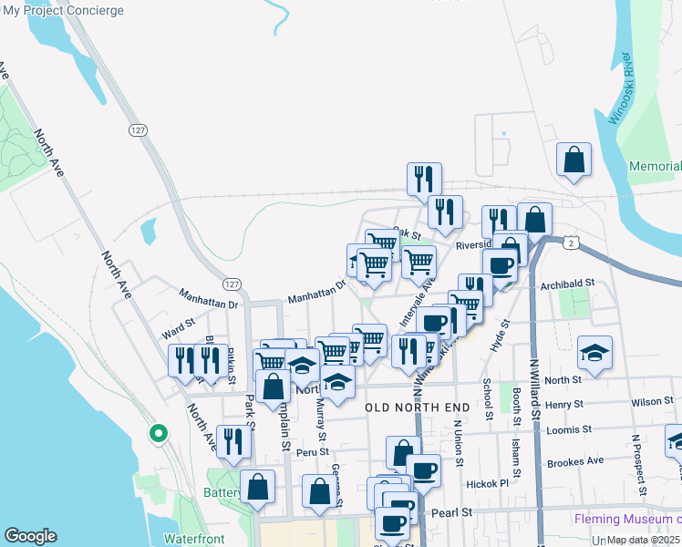 map of restaurants, bars, coffee shops, grocery stores, and more near 284 Manhattan Drive in Burlington