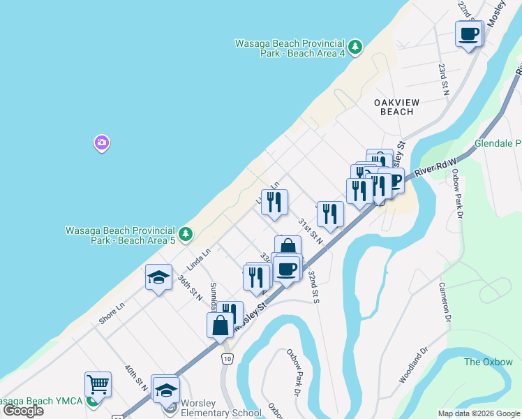 map of restaurants, bars, coffee shops, grocery stores, and more near 45 32nd Street North in Wasaga Beach