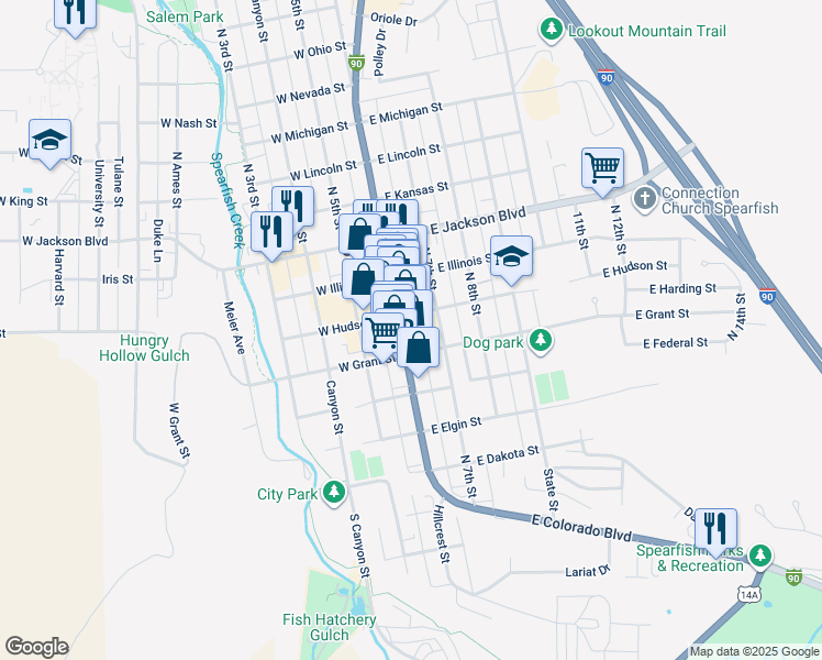 map of restaurants, bars, coffee shops, grocery stores, and more near 526 North Main Street in Spearfish