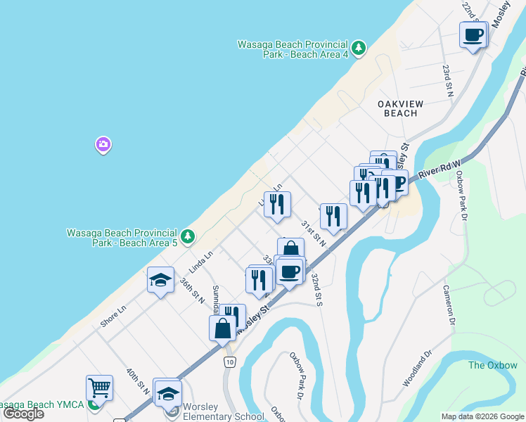 map of restaurants, bars, coffee shops, grocery stores, and more near 49 32nd Street North in Wasaga Beach