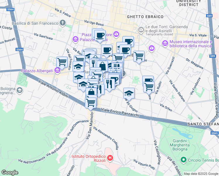 map of restaurants, bars, coffee shops, grocery stores, and more near 31 Via delle Tovaglie in Bologna