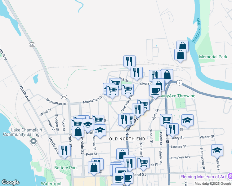 map of restaurants, bars, coffee shops, grocery stores, and more near 50 Walnut Street in Burlington