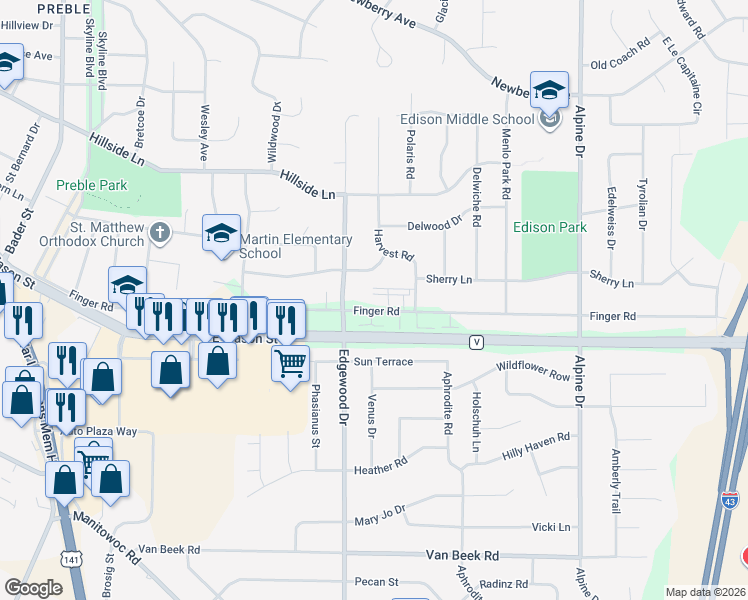 map of restaurants, bars, coffee shops, grocery stores, and more near 2529 Finger Road in Green Bay
