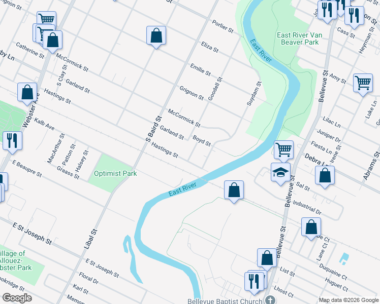 map of restaurants, bars, coffee shops, grocery stores, and more near 1416 Clark Street in Green Bay