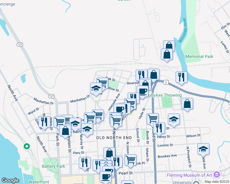 map of restaurants, bars, coffee shops, grocery stores, and more near 26 Saint Louis Street in Burlington