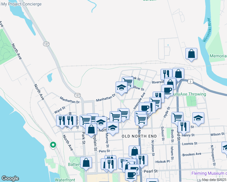map of restaurants, bars, coffee shops, grocery stores, and more near 284 Manhattan Drive in Burlington