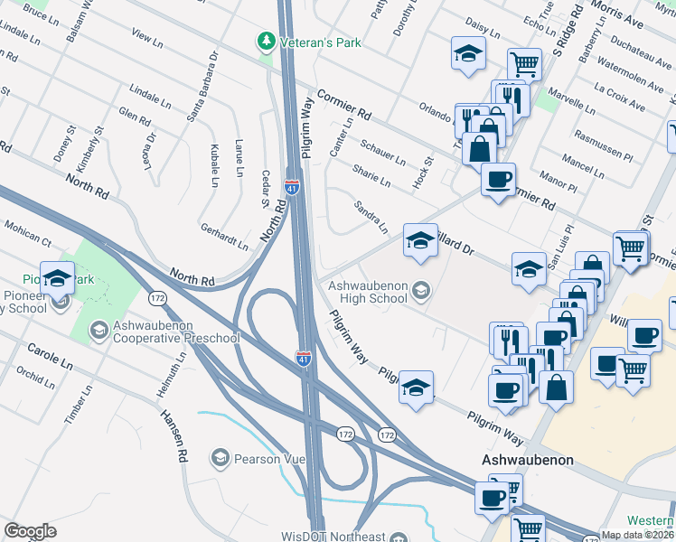 map of restaurants, bars, coffee shops, grocery stores, and more near 1111 Anderson Drive in Green Bay