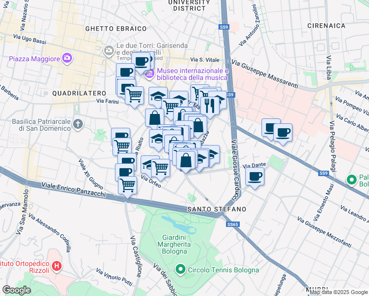 map of restaurants, bars, coffee shops, grocery stores, and more near 12 Via Remorsella in Bologna