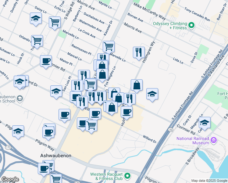 map of restaurants, bars, coffee shops, grocery stores, and more near 800 Cormier Road in Green Bay