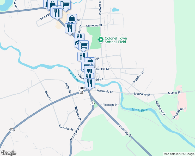 map of restaurants, bars, coffee shops, grocery stores, and more near 30 Middle Street in Lancaster