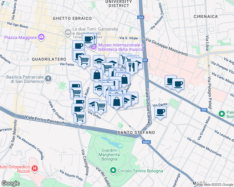 map of restaurants, bars, coffee shops, grocery stores, and more near 12 Via Remorsella in Bologna
