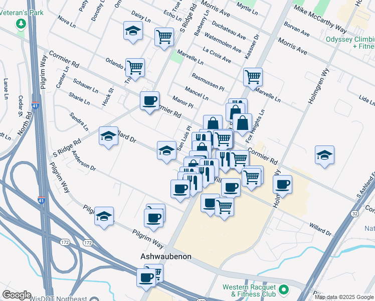 map of restaurants, bars, coffee shops, grocery stores, and more near 926 Willard Dr in Green Bay