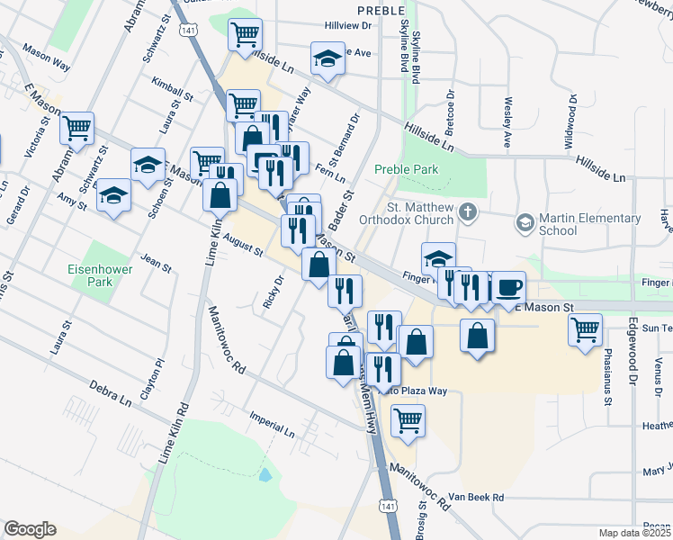 map of restaurants, bars, coffee shops, grocery stores, and more near 2125 Main Street in Green Bay