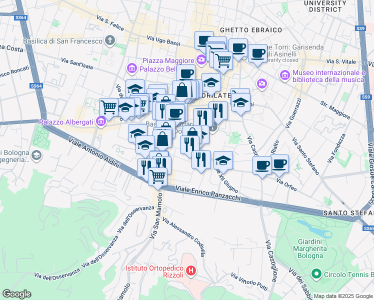 map of restaurants, bars, coffee shops, grocery stores, and more near 31 Via delle Tovaglie in Bologna
