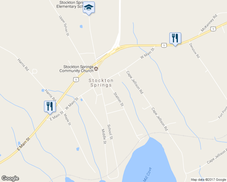 map of restaurants, bars, coffee shops, grocery stores, and more near 19 Station Street in Stockton Springs