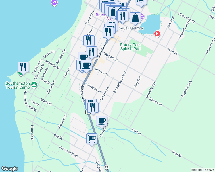 map of restaurants, bars, coffee shops, grocery stores, and more near 175 Belcher Lane in Saugeen Shores