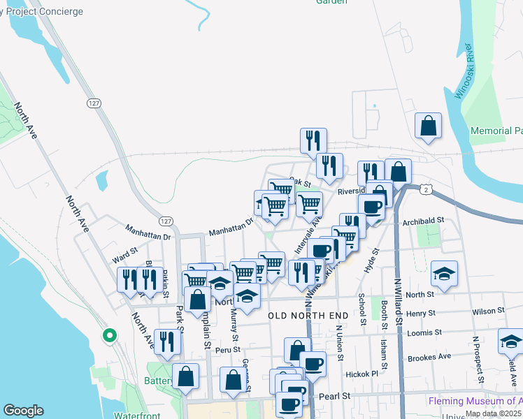 map of restaurants, bars, coffee shops, grocery stores, and more near 284 Manhattan Drive in Burlington